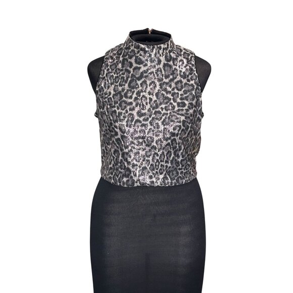 Michael Kors Womens Sequin Leopard Print Sleeveless Crop Top M Polyester - Picture 1 of 12